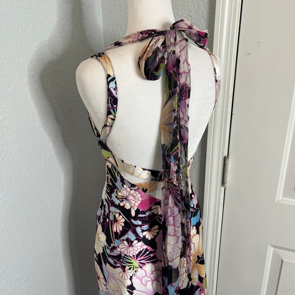 Floral Halter Dress Multicolor Black Sleeveless Cocktail Party Midi Dress - Picture 7 of 11